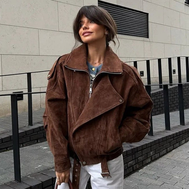 Damen nan oversized Velours-Bikerjacke mit Stehkragen, Schulterklappen und taillierbarem Hüftgürtel EB