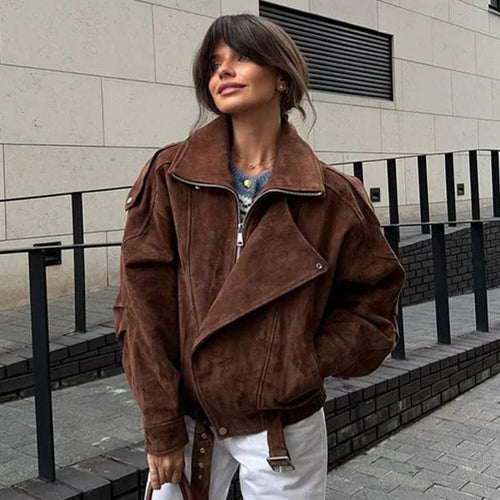 Damen nan oversized Velours-Bikerjacke mit Stehkragen, Schulterklappen und taillierbarem Hüftgürtel EB