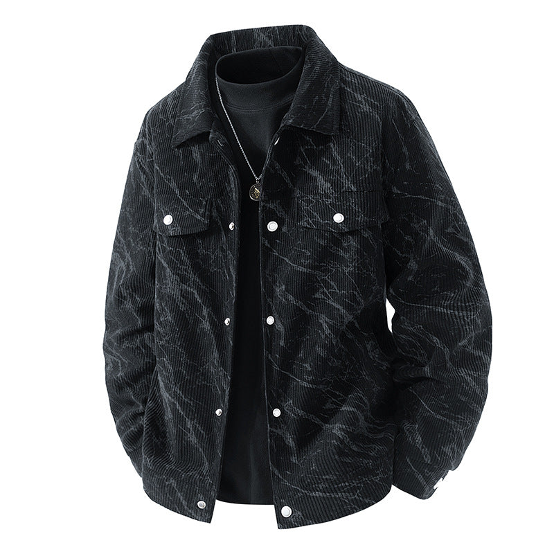 Men's  marbled corduroy snap-front collared trucker jacket with chest flap pockets EB