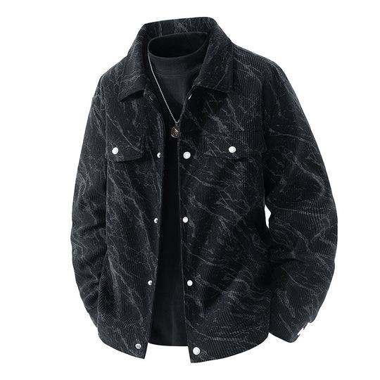 Men's  marbled corduroy snap-front collared trucker jacket with chest flap pockets EB