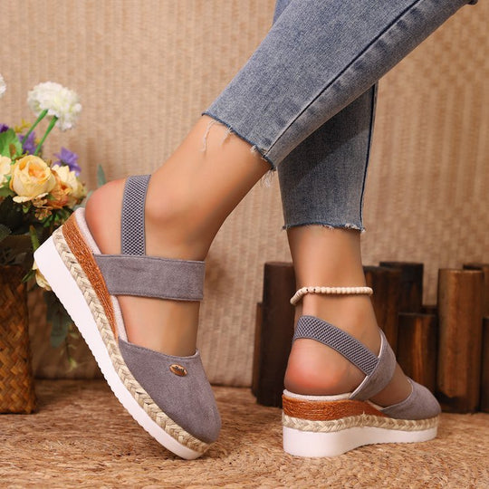 Damen  Espadrille-Keilpantoletten mit elastischem Fersenriemen, Veloursoptik-Obermaterial und geflochtenem Jute-Plateau EB