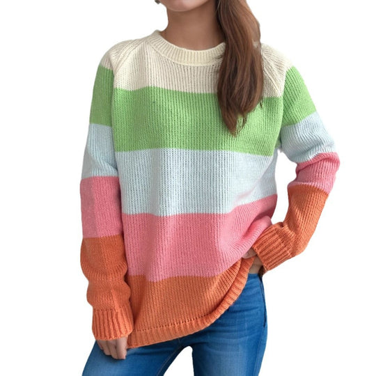 Damen lässiger Strickpullover mit bunten Blockstreifen und weitem Schnitt EB