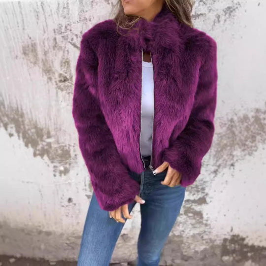 Damen kuschelige Fleecejacke mit hohem Kragen und Reißverschluss EB