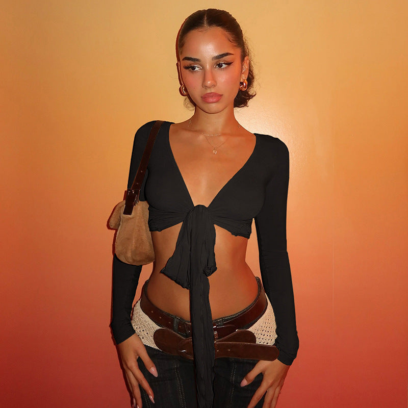 Damen Crop-Top mit verspieltem Bindeband und langen Ärmeln EB