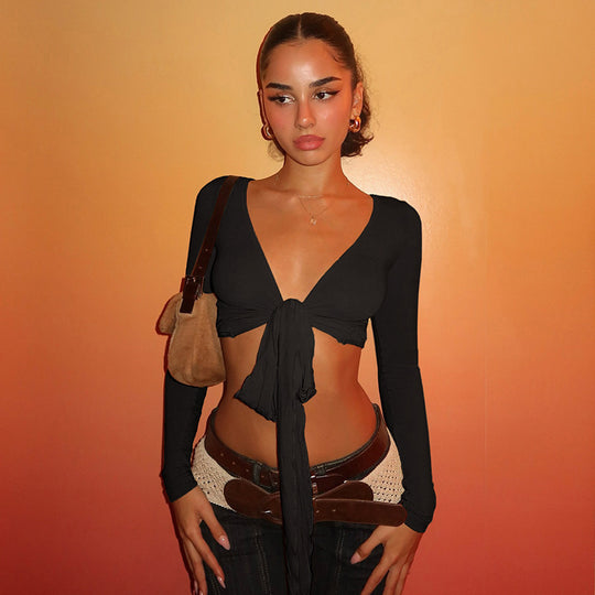 Damen Crop-Top mit verspieltem Bindeband und langen Ärmeln EB