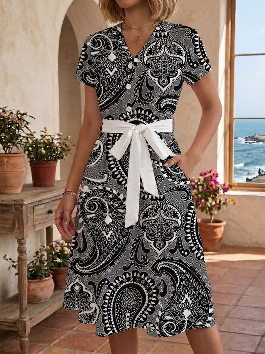 Damen lässiges Maxikleid mit taillierbarem Knoten und dekorativem Karomuster EB