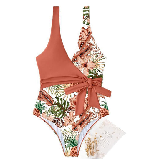 Damen Einteiler Badeanzug mit eleganter Wickeloptik und floralem Print EB