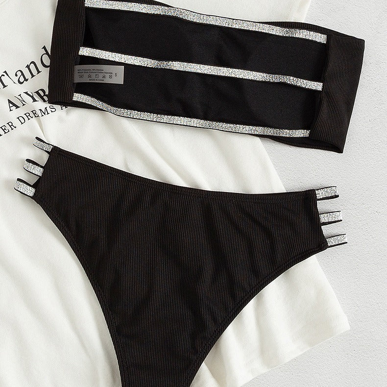 Damen hoch taillierter Bikini mit schimmernden Schnürdetails EB