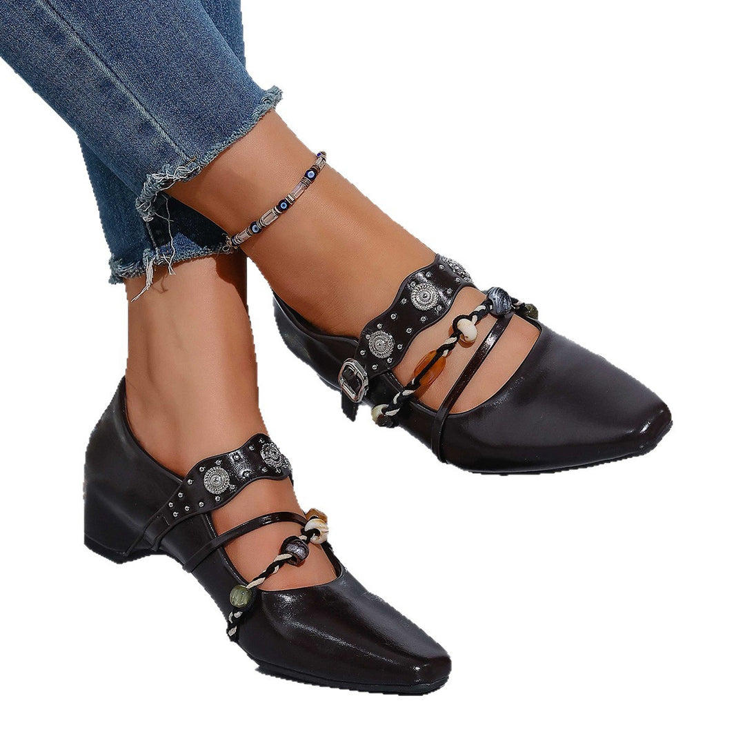 Damen  spitze Ballerina-Slipper mit doppeltem Schmuckriemen und verstellbarer Metallschnalle EB