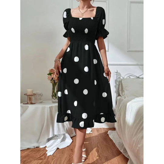 Damen Polka Dot Puff Ärmel Midi Kleid EB