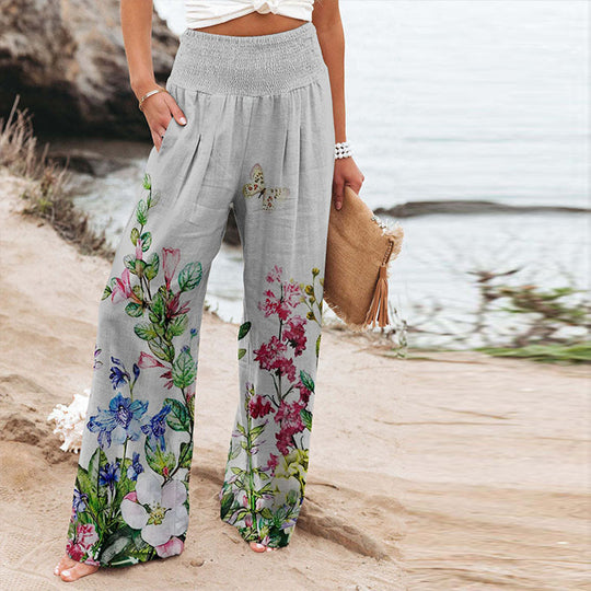 Damen Weite Sommerhose mit floralen Designs und elastischem Bund EB