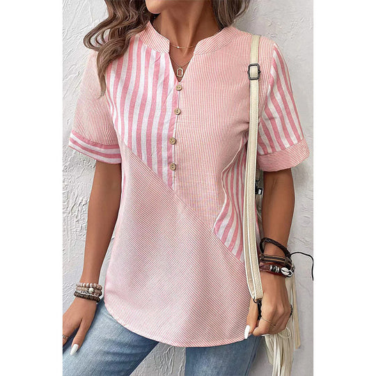 Damen Kurzarm Blusenshirt im gestreiften Design mit Knopfdetails EB