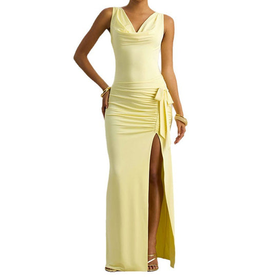 Damen Elegantes Maxikleid mit tiefem V-Ausschnitt und seitlicher Raffung EB