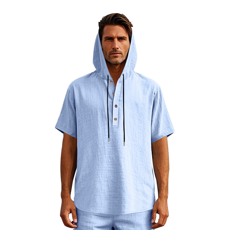 EB | Leinen-Knopf-Strand-Kapuzen-Henley-Shirt