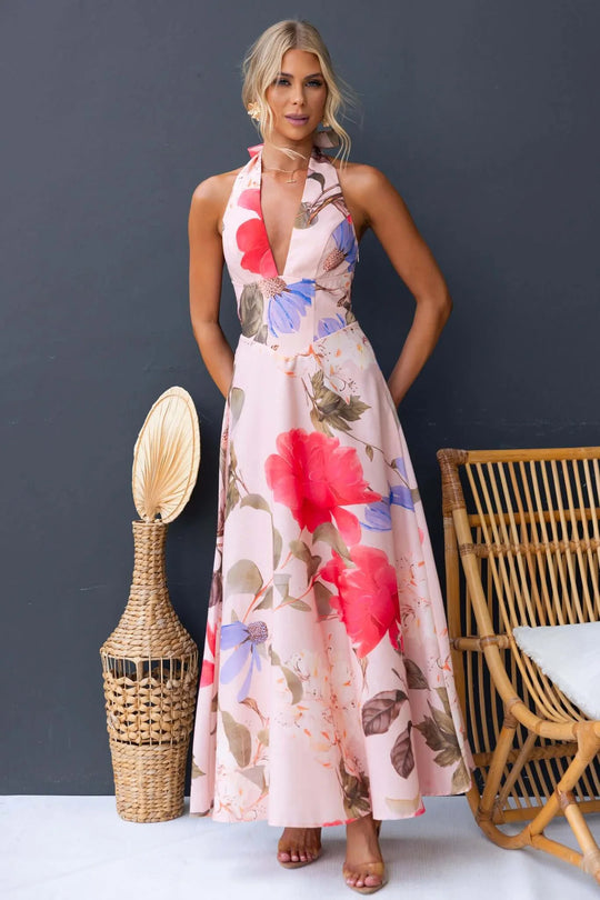 Damen Maxikleid mit tiefem V-Ausschnitt und floralen Akzenten EB