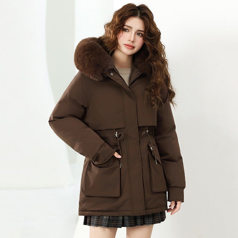 Damen Modische Winterjacke mit abnehmbarer Kapuze und hochwertigem Kunstfell EB