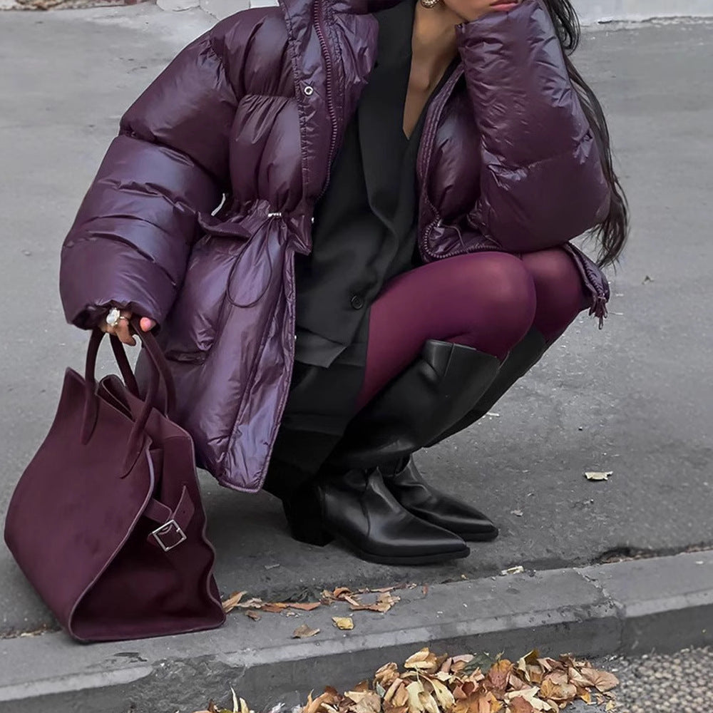 Damen Oversized Daunenjacke mit sichtbarem Steppdesign und hohem Kragen EB