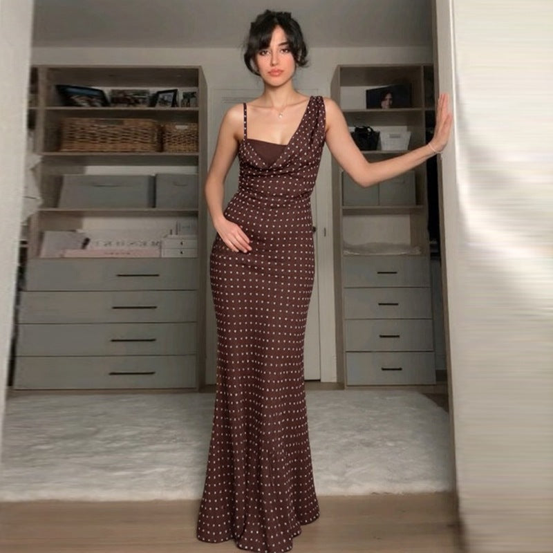 Damen Maxikleid mit asymmetrischem Ausschnitt und eingewebtem Punktedesign EB