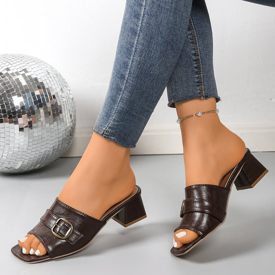 Damen offene Mules mit eleganter Schnallenverzierung und komfortablem Blockabsatz EB