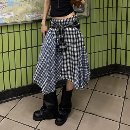 Damen asymmetrischer karierter Rock mit Bindegürtel EB
