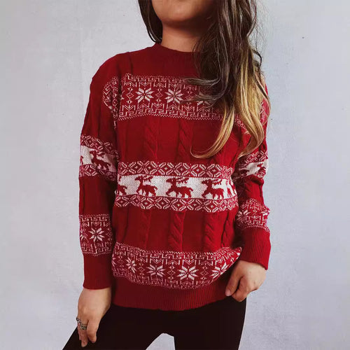 Damen Strickpullover mit festlichem Rentier-Motiv und Zopfmuster EB