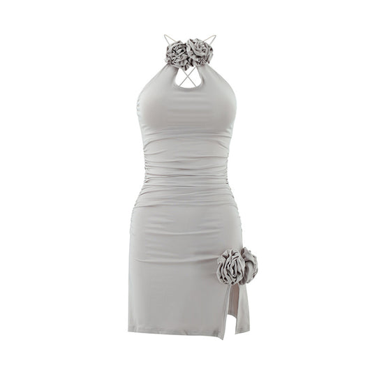 Damen figurbetontes Strandkleid mit dekorativen Rosenapplikationen EB