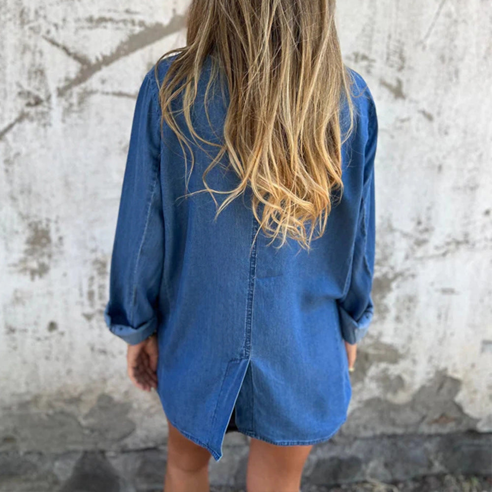 Damen lässige Denim-Blazerjacke mit eleganten Details und lockerer Passform EB