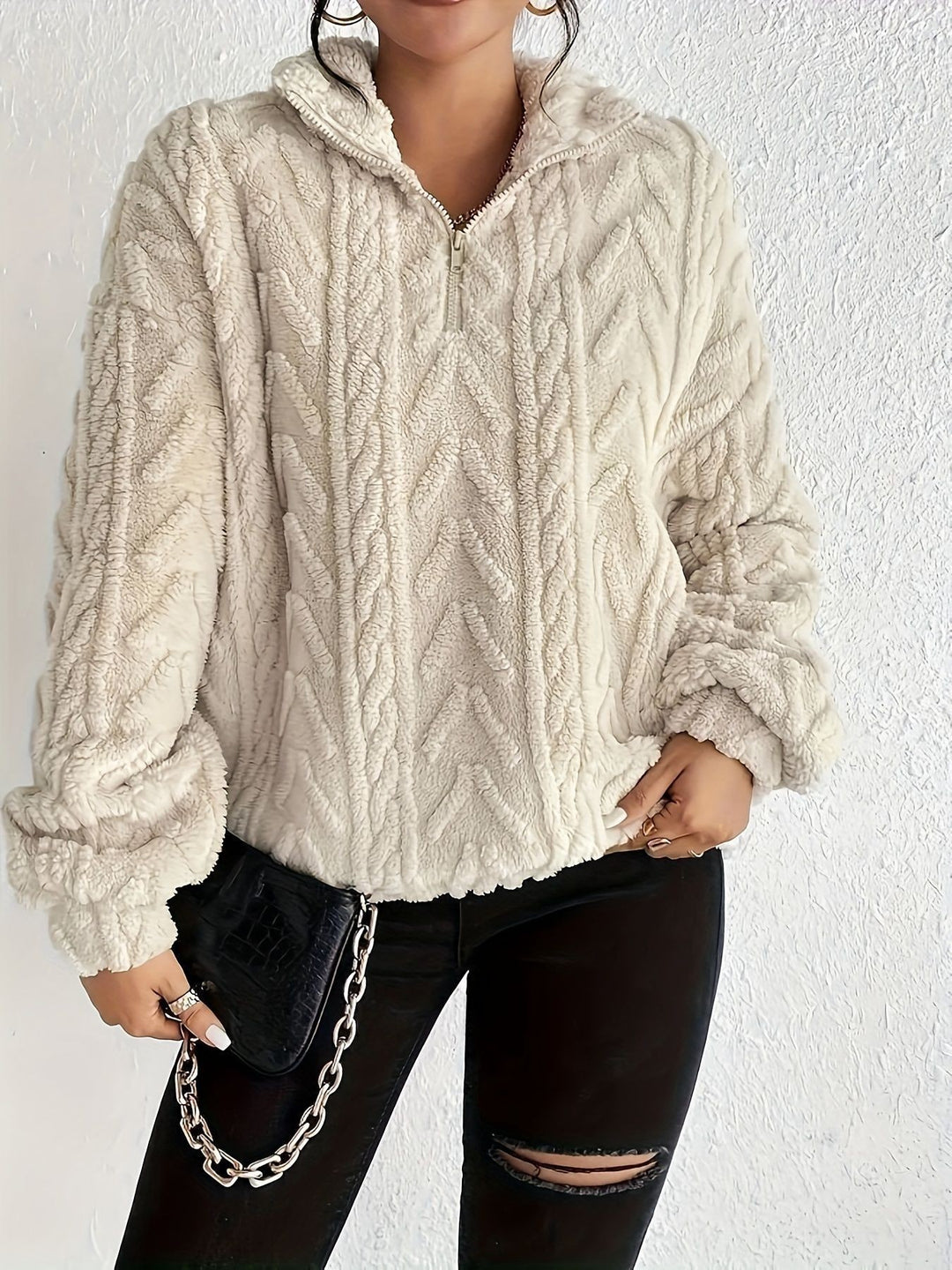 Damen Kuscheliger Fleece-Pullover mit hohem Kragen und Zipper-Detail EB