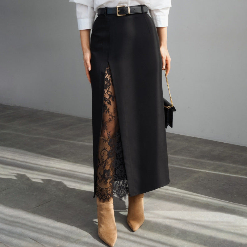 Damen Eleganter Maxirock mit transparentem Spitzeneinsatz und seitlichem Schlitz EB
