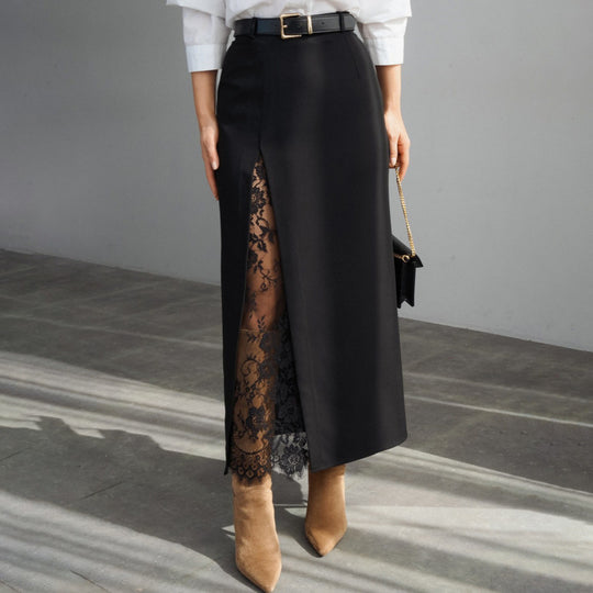 Damen Eleganter Maxirock mit transparentem Spitzeneinsatz und seitlichem Schlitz EB