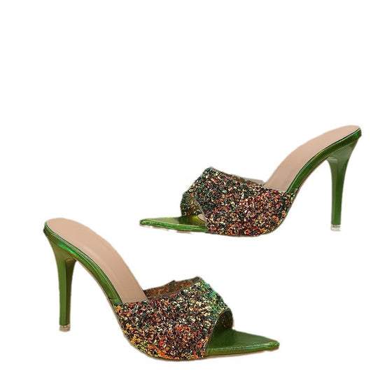Damen Glänzende High Heel Pantoletten mit funkelndem Dekor EB