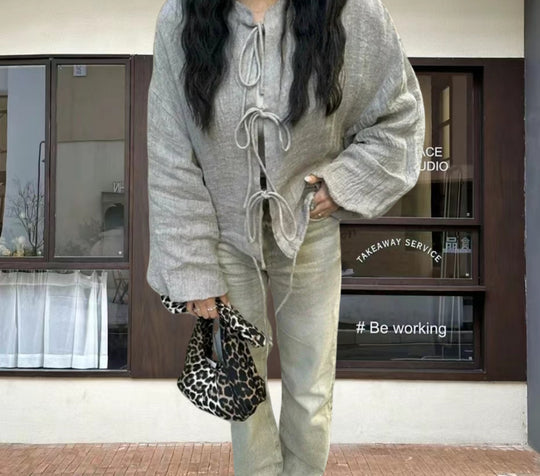 Damen leicht gefütterte Knitjacke mit Kordelzug und weiten Ärmeln EB