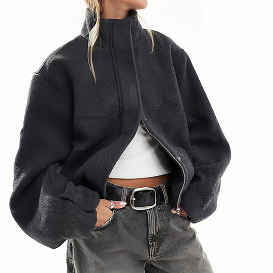 Damen Oversized Fleecejacke mit hohem Kragen und Reißverschluss EB