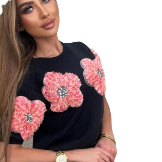 Damen Modischer Strickpullover mit floralen Applikationen EB
