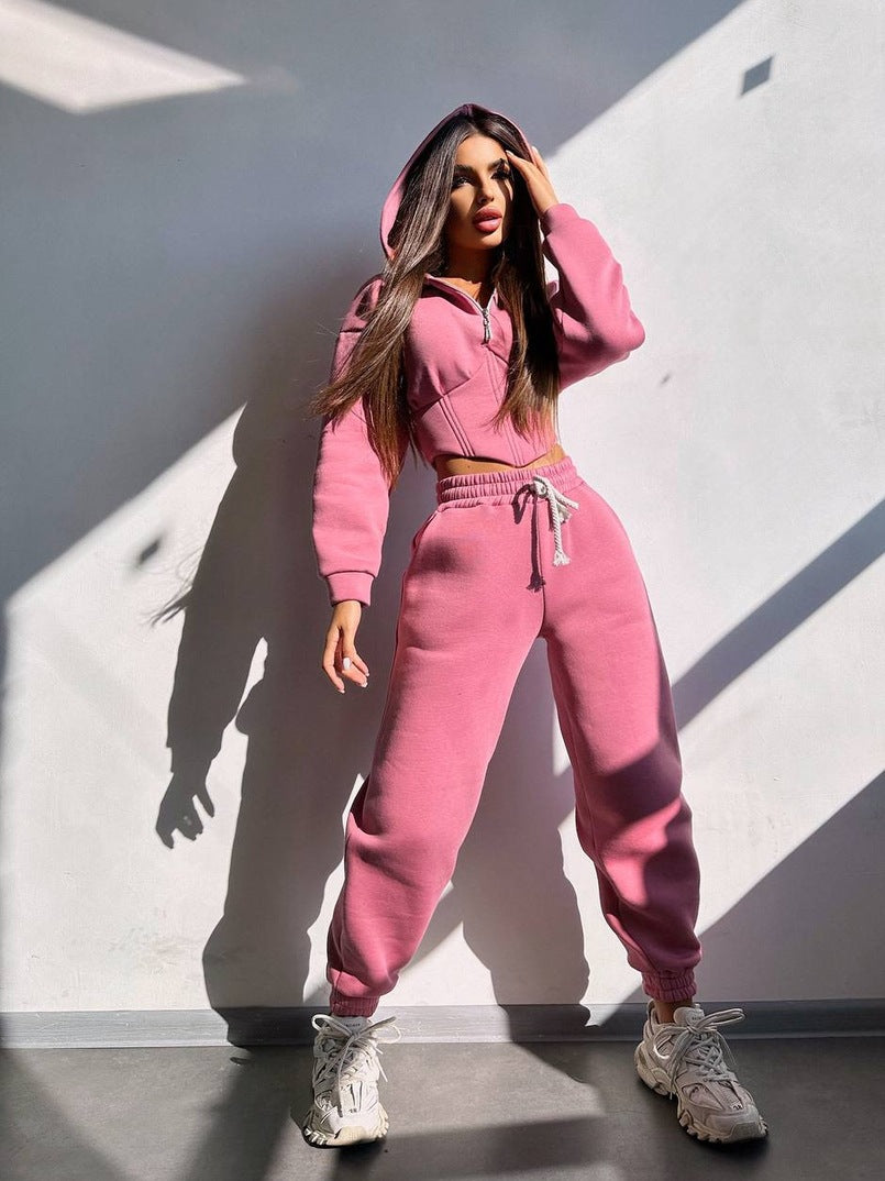 Damen Crop-Kapuzenjacke mit Korsagennaht und High-Waist Jogginghose EB