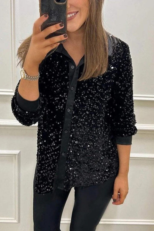 Damen Glitzernde Bluse aus Pailletten mit klassischem Kragen EB