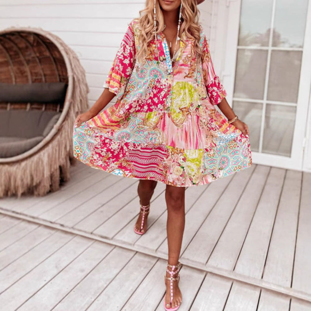 Damen lässiges Maxikleid mit buntem Patchwork-Design und komfortablem Schnitt Heidi-Mode