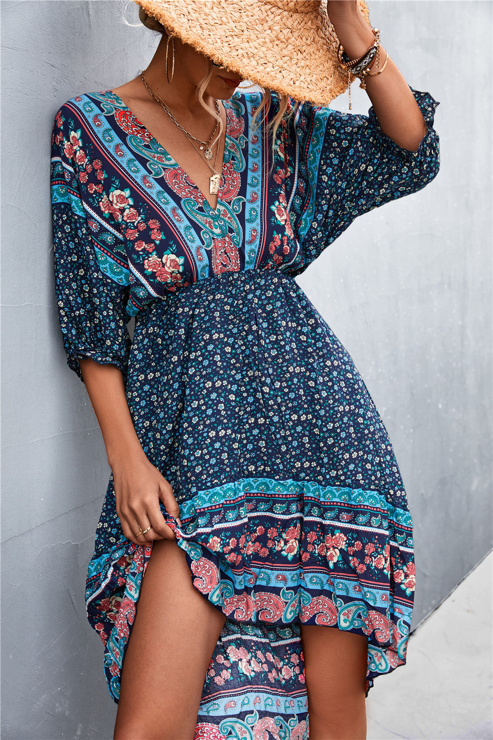 Damen Langarmkleid mit boho-inspiriertem Druck und elastischem Bund EB