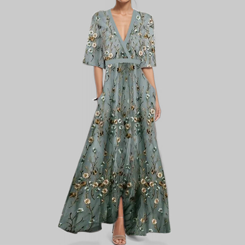 EB | Elegantes V-Ausschnitt Bedrucktes Taillenkleid mit Schößchen