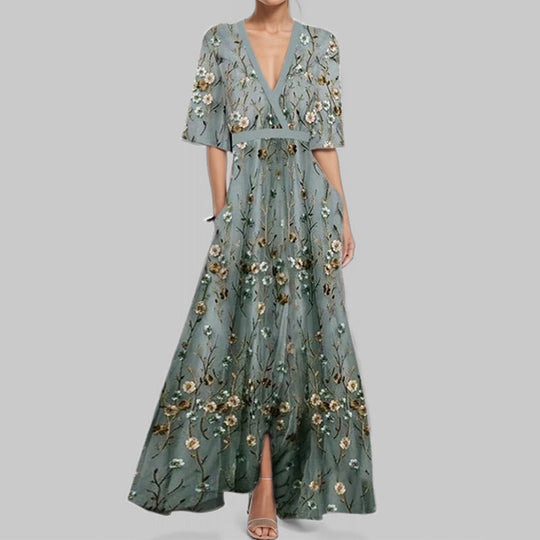 EB | Elegantes V-Ausschnitt Bedrucktes Taillenkleid mit Schößchen