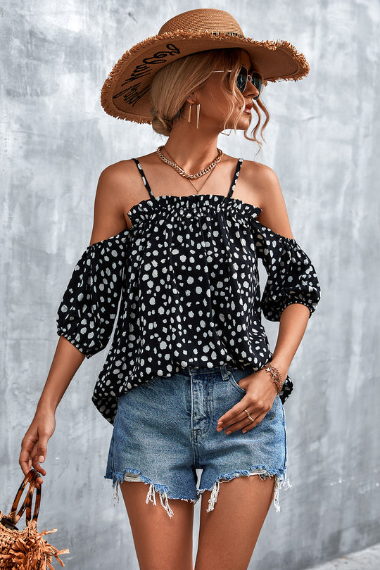 Damen Off-Shoulder Bluse mit verspieltem Punktemuster und luftigen Puffärmeln EB