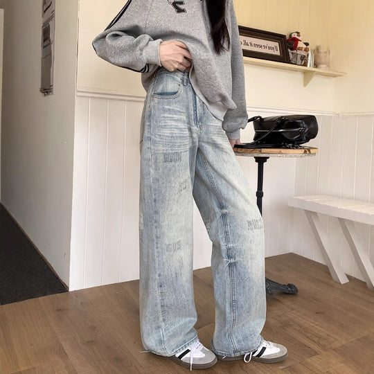 Damen Lässige Weitjeans mit trendigem Used-Look und hohem Bund EB
