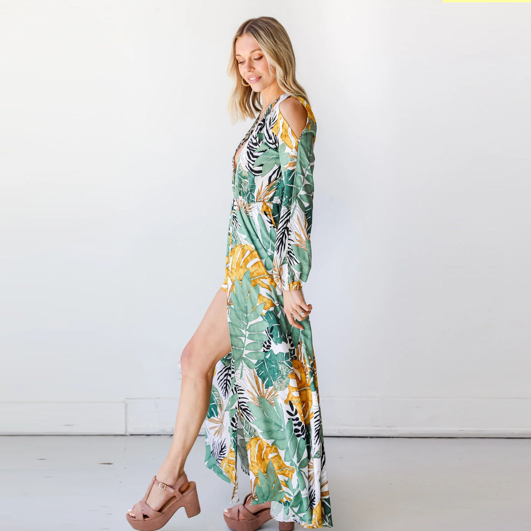 Damen Maxi-Kaftan mit floralem Muster und tiefem Ausschnitt EB