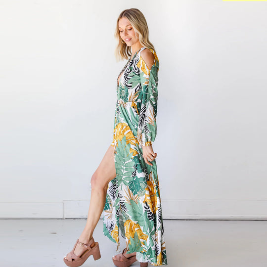 Damen Maxi-Kaftan mit floralem Muster und tiefem Ausschnitt EB