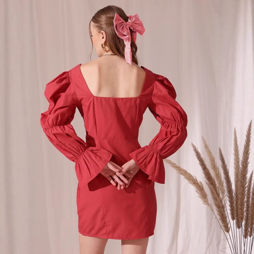 Damen Puffärmeliges Mini-Kleid mit eckigem Ausschnitt, Kordel-Bustier und Glockenärmeln EB
