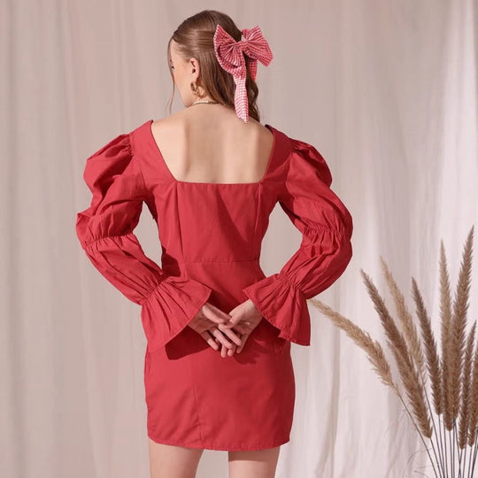 Damen Puffärmeliges Mini-Kleid mit eckigem Ausschnitt, Kordel-Bustier und Glockenärmeln EB