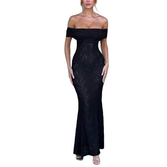 Damen Verführerisches Spitzen-Maxikleid mit schulterfreiem Design EB