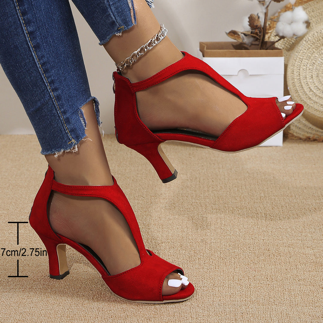 Damen nan elegante T-Riemchen Sandalette mit Fersenreißverschluss und mittelhohem Absatz EB