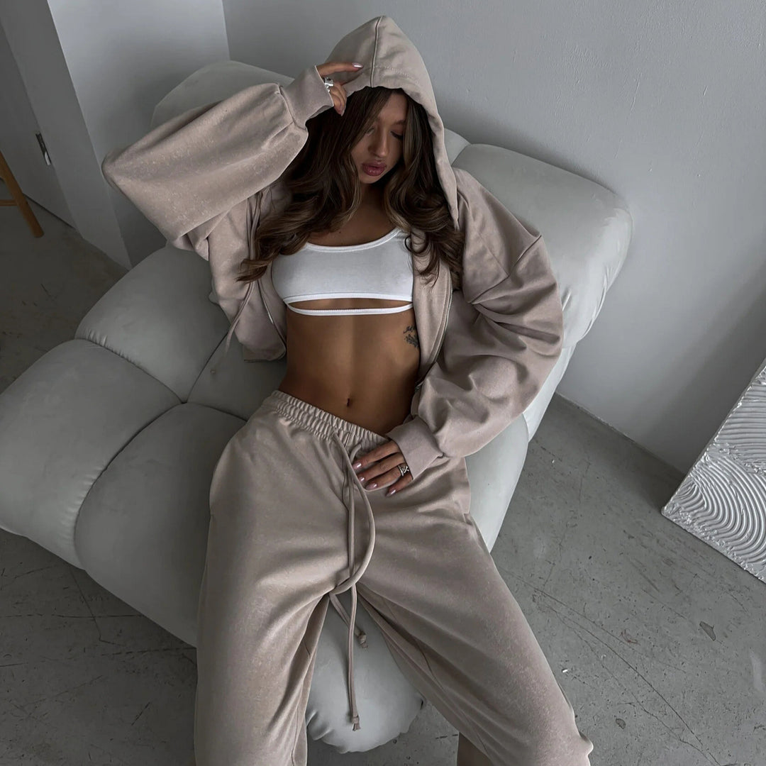 Damen Cropped-Zip-Hoodie und weite High-Waist-Loungehose Zweiteiler EB