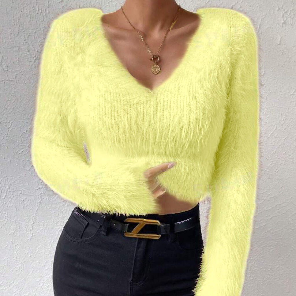 Damen Flauschiger Crop-Pullover mit V-Ausschnitt und Eyelash-Struktur EB